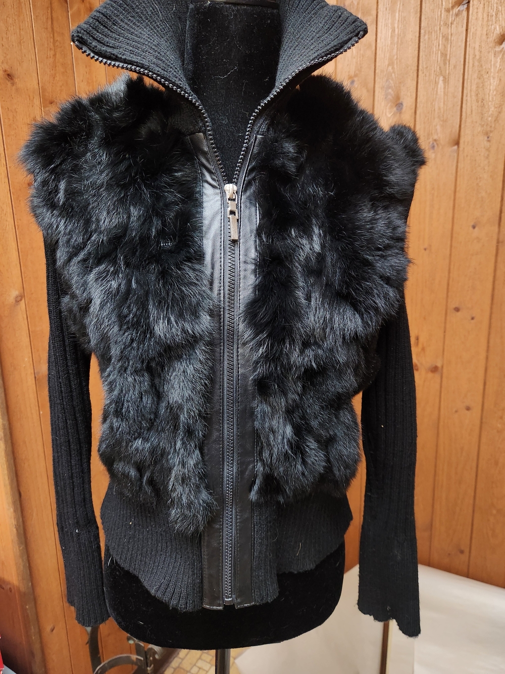 Black Rabbit Fur Zip Front Vest with Ribbed Knit Sleeves
